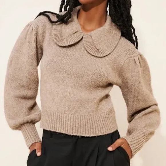 Astr Sweaters - Astr Taupe Peter Pan Collar Puff-Sleeve Sweater